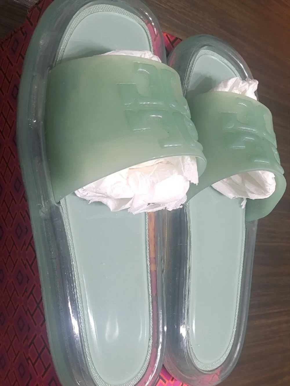 Tory Burch Mint Green Logo Slide Sandals